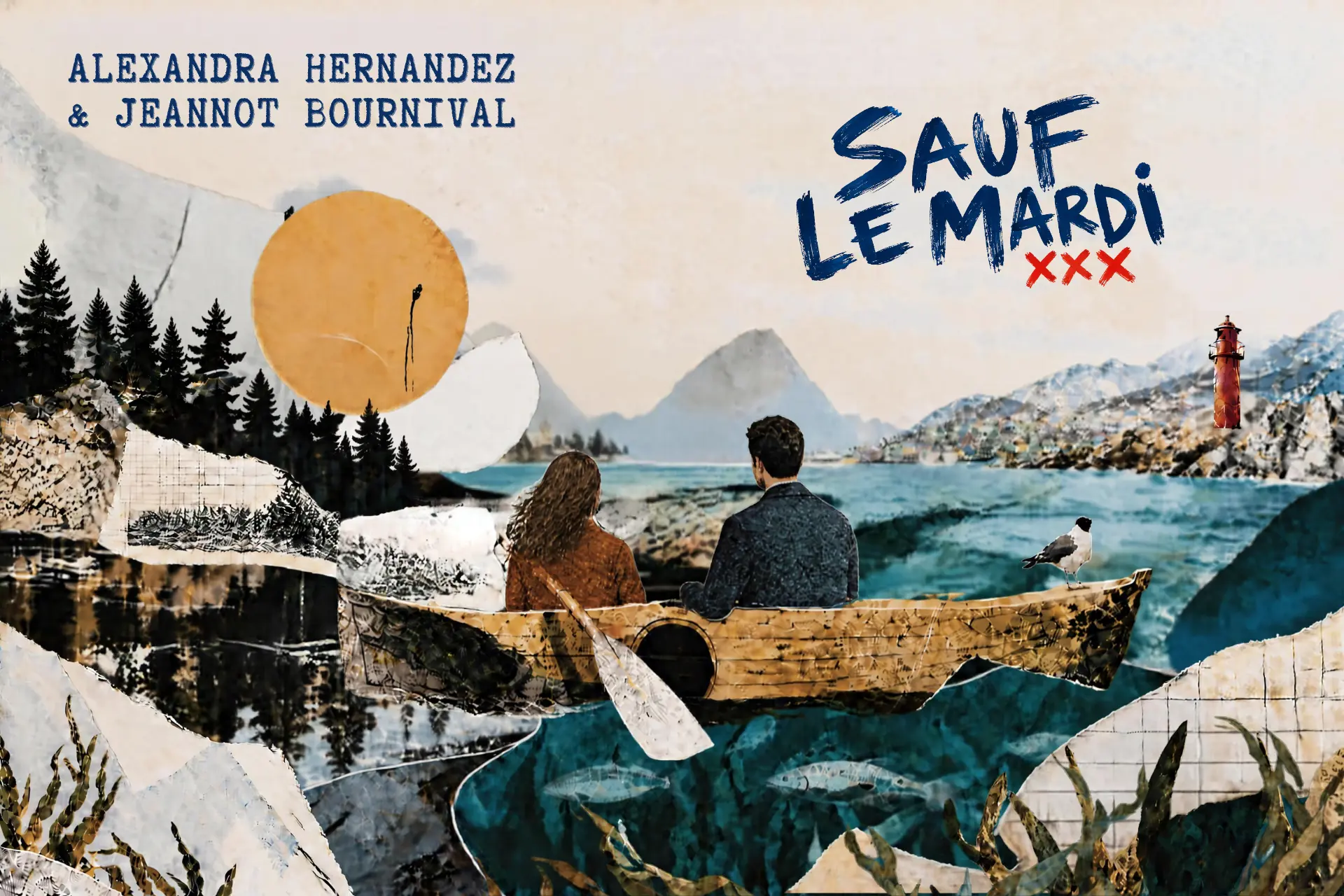 Le visuel de Sauf le Mardi : une barque, des montagnes, la mer et un soleil de papier